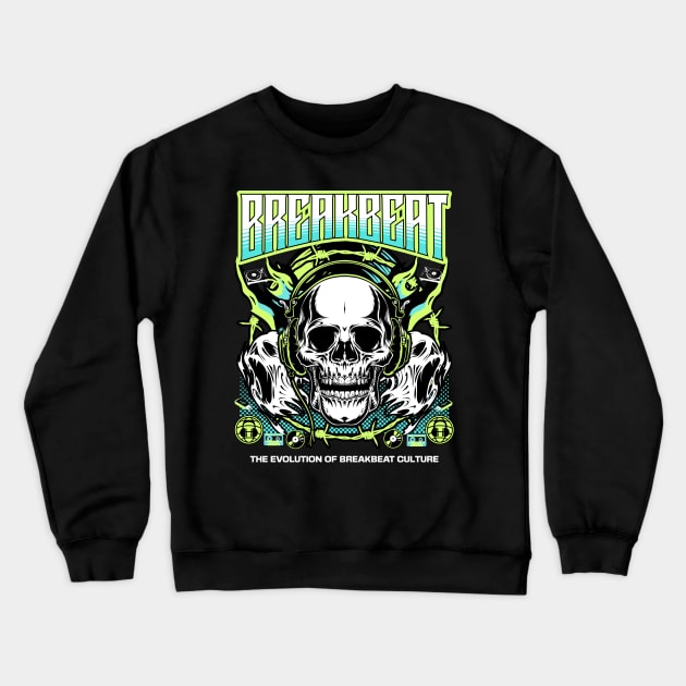 BREAKBEAT  - The Evoultion Skull (lime/teal) Crewneck Sweatshirt by DISCOTHREADZ 